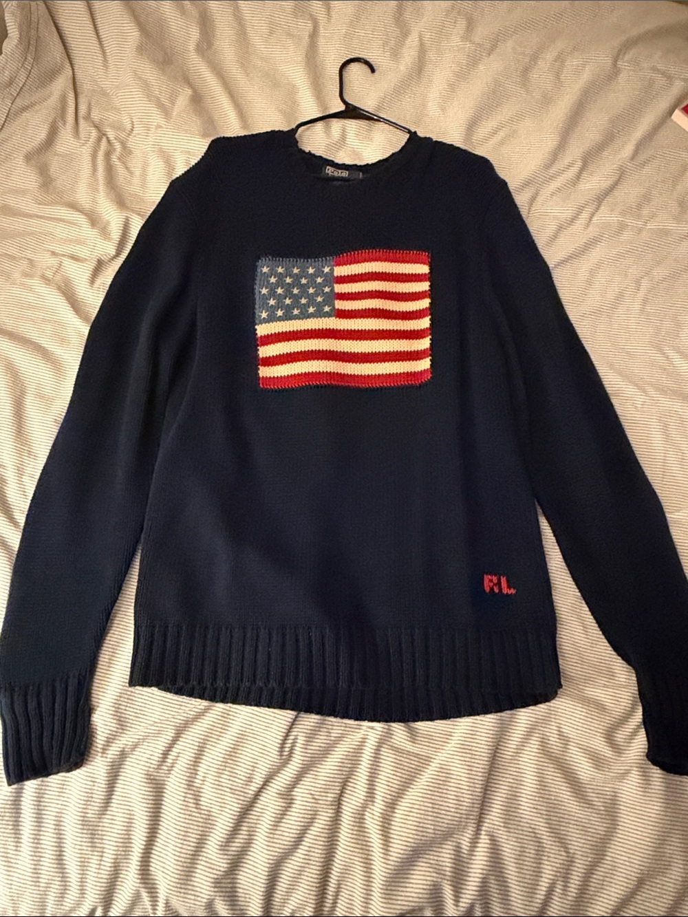 Ralph Lauren Navy Crewneck Sweater with American Flag Patch